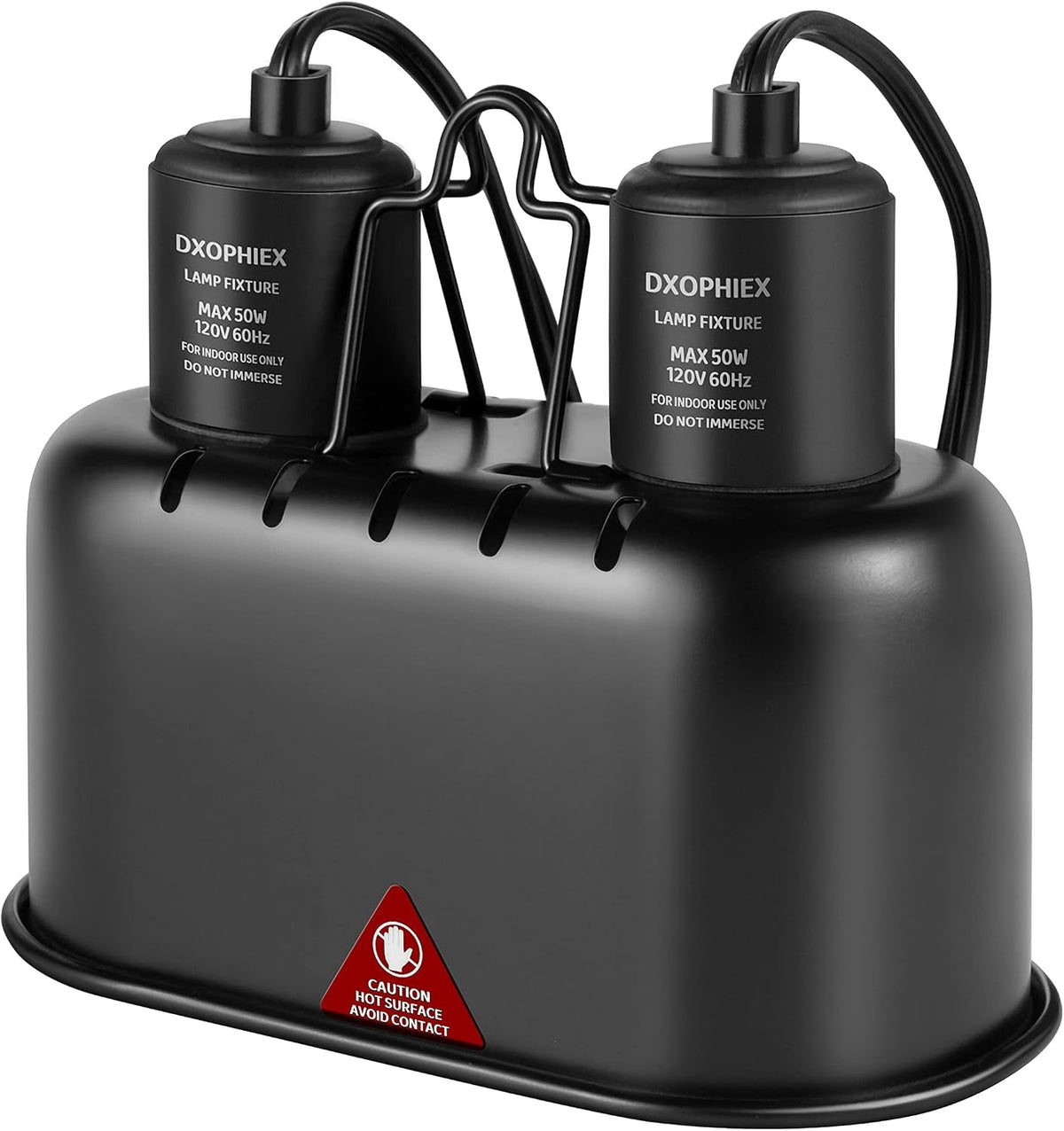 Black DXOPHIEX dual dome lamp with two sockets labeled maximum 50 watts each
