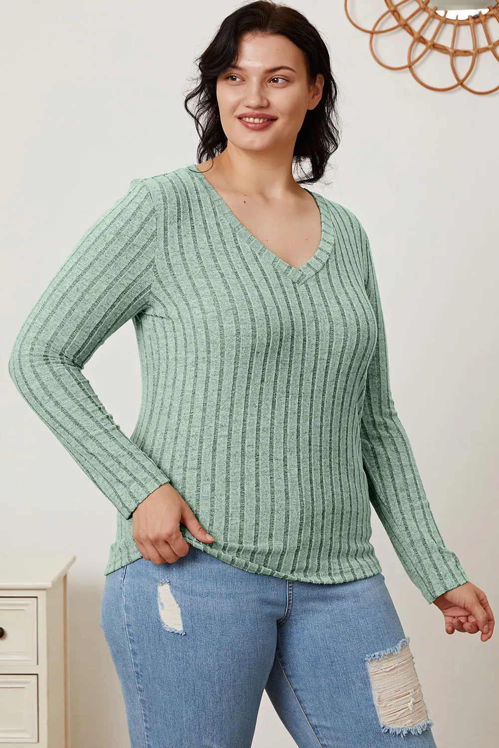 Basic Bae Ribbed V-Neck Long Sleeve Top