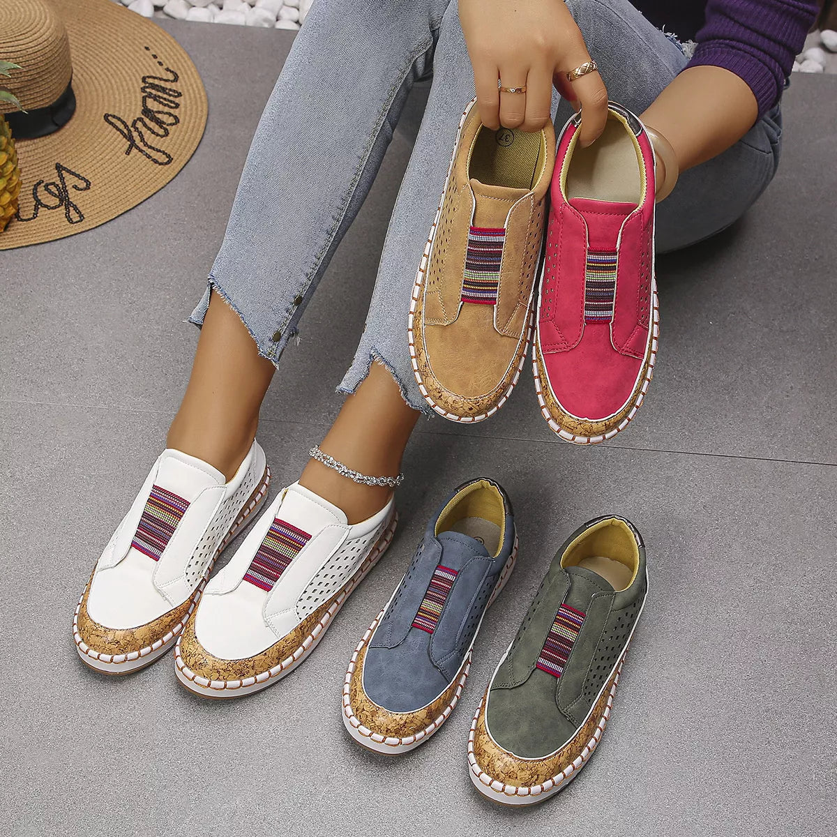 Women's Casual Slip-On Sneakers with Cork Trim Detail