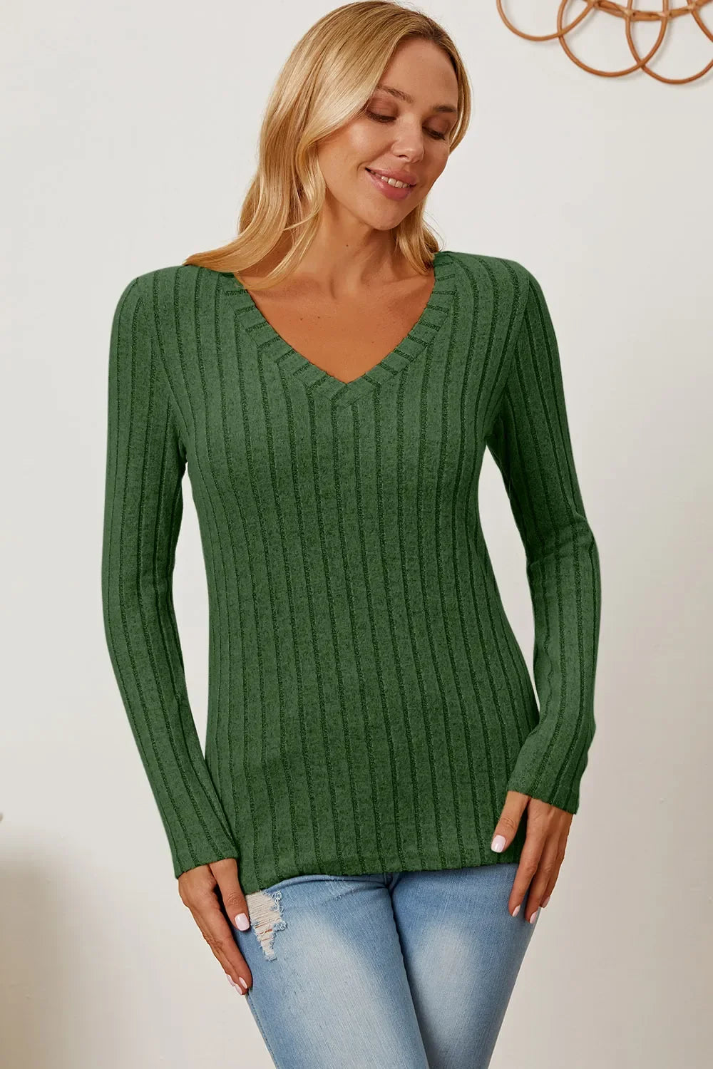 Basic Bae Ribbed V-Neck Long Sleeve Top