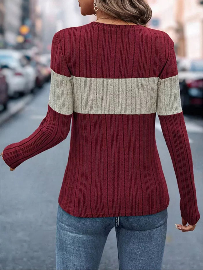 Women's Color Block Ribbed Knit Long Sleeve T-Shirt