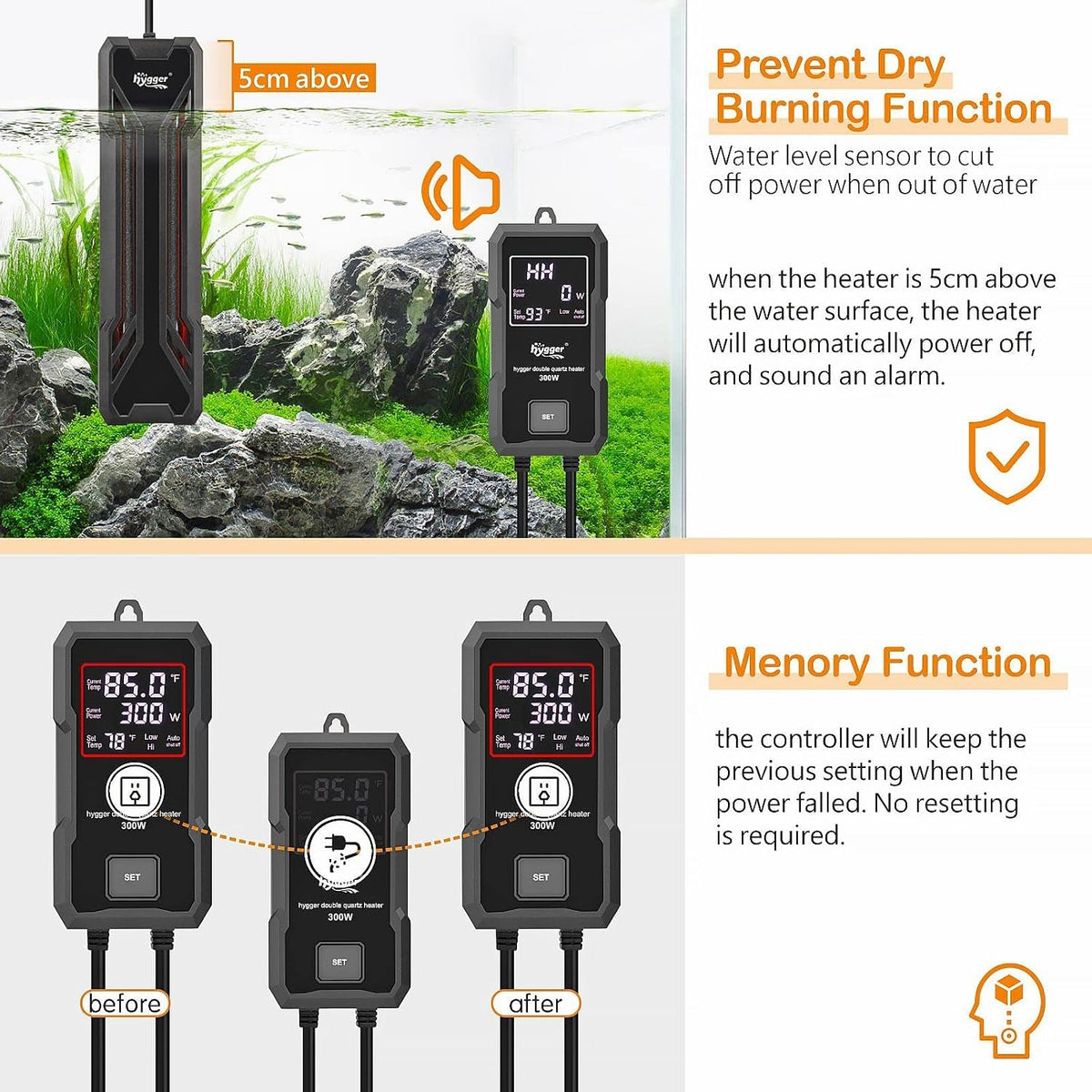 Aquarium heater with water level sensor and digital controller displaying temperature and settings.