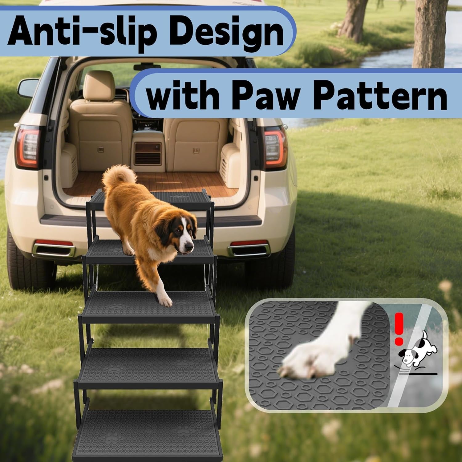 Heavy Duty Dog Car Stairs – Foldable 5-Step Pet Steps for Large Dogs | Up to 220 lbs