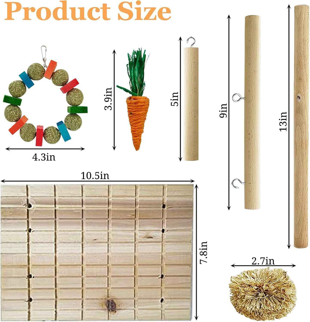 Measurement chart of various pet toys and items with dimensions labeled.