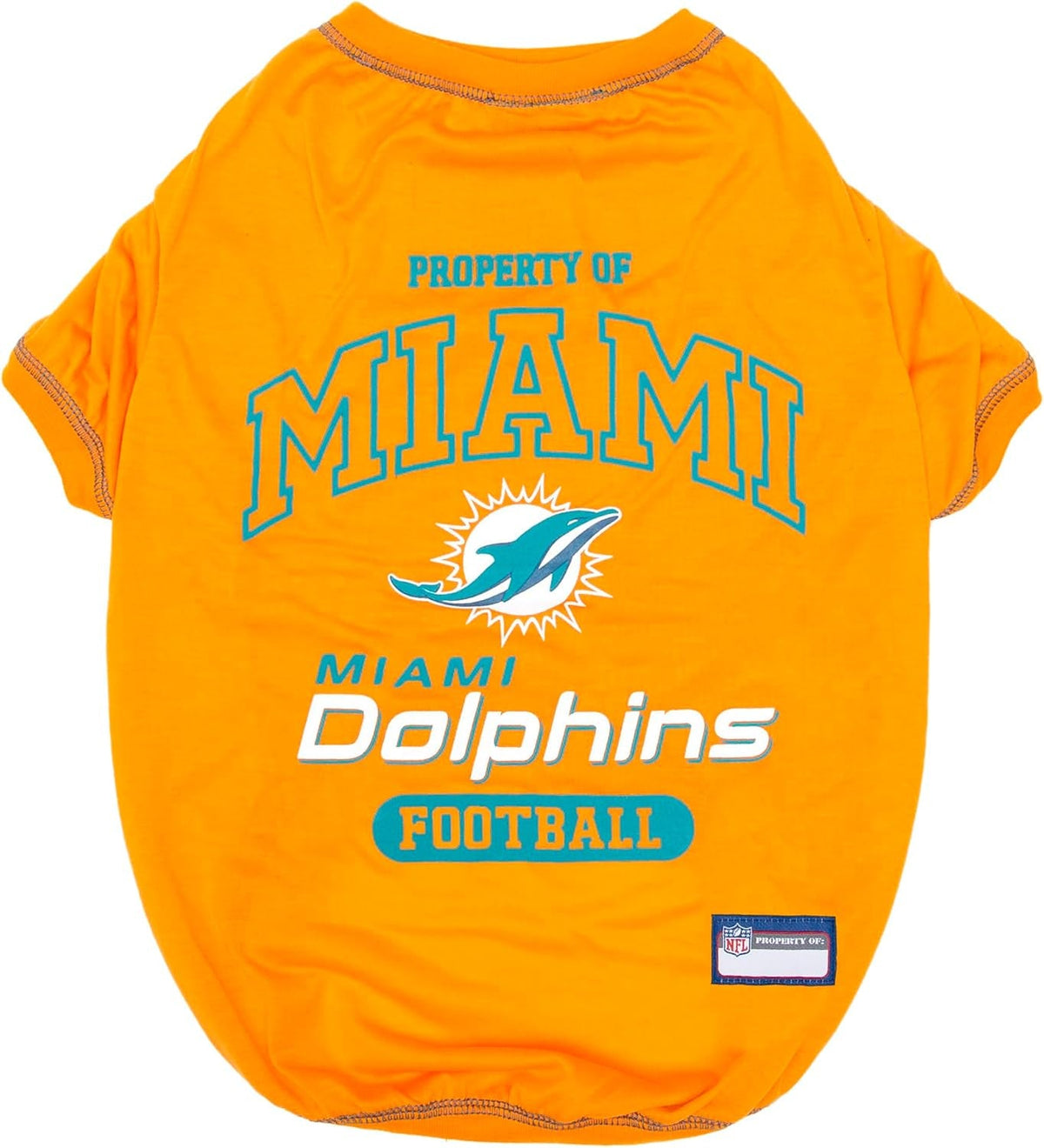 Orange dog shirt with Miami Dolphins logo and text on a white background