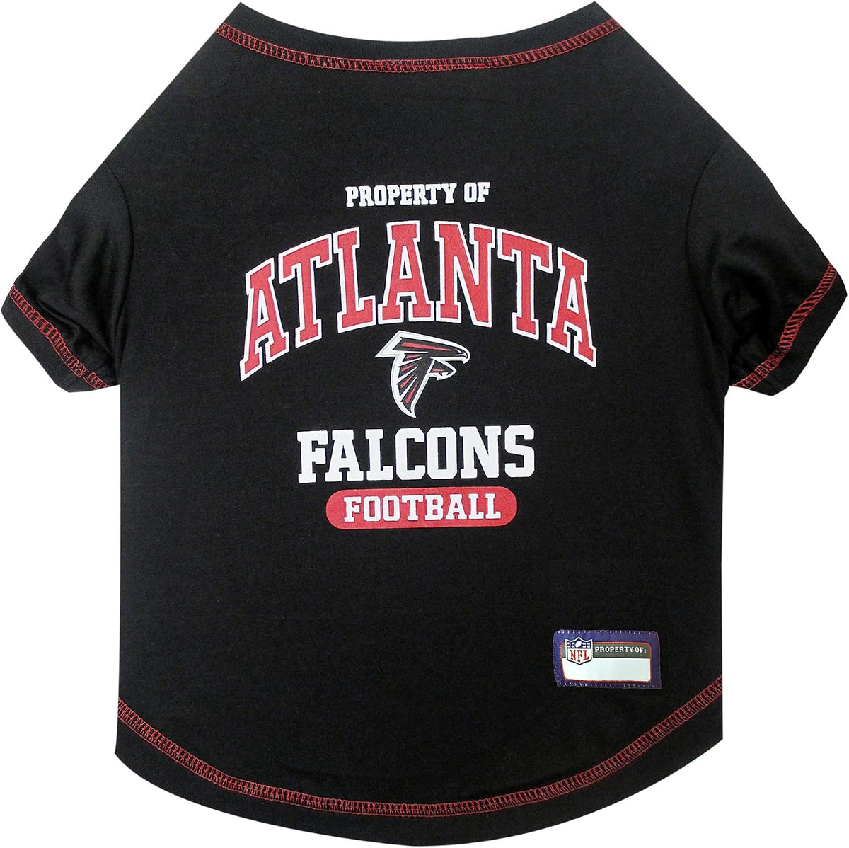 A black pet t-shirt featuring Atlanta Falcons branding, including the team name, logo, and 'Football' text, with red and white accents and red stitching.