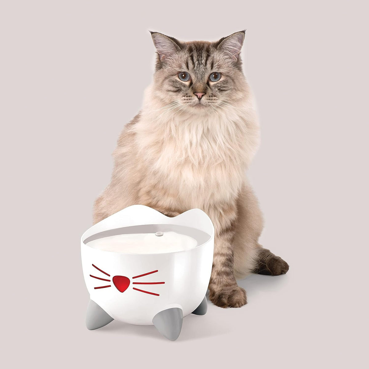 Cat sitting next to a white cat-shaped water fountain with red nose and whiskers on a light gray background