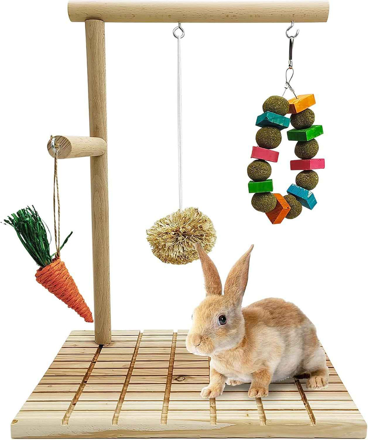 Pet play stand with hanging toys and a rabbit on a white background