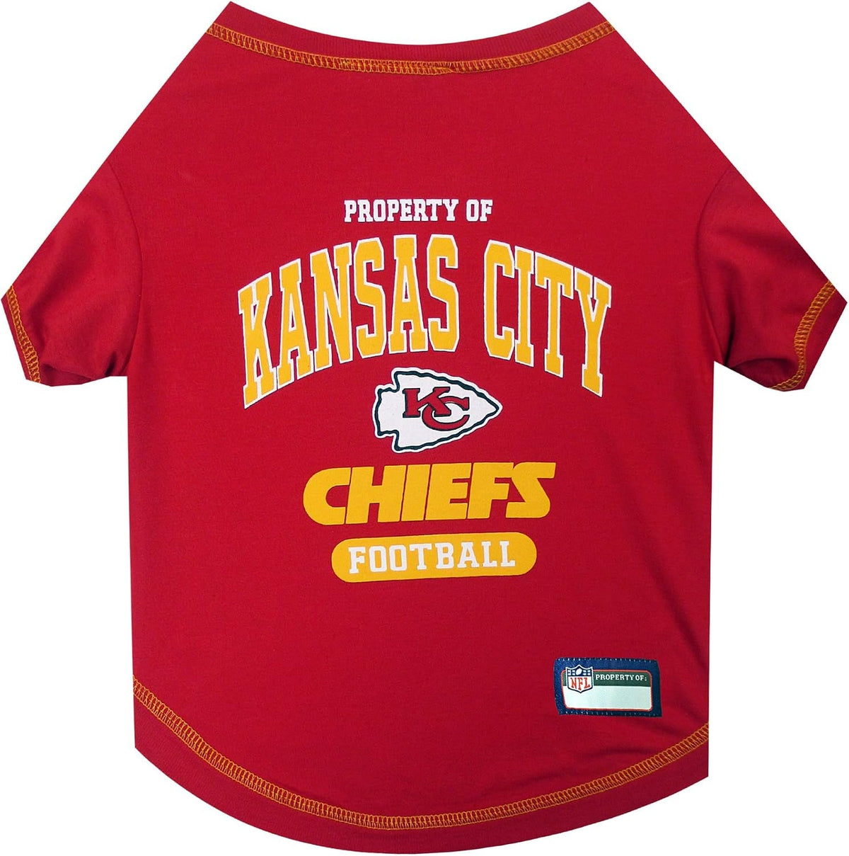 A red dog t-shirt featuring Kansas City Chiefs Football graphics, including the team logo and text, on a white background.