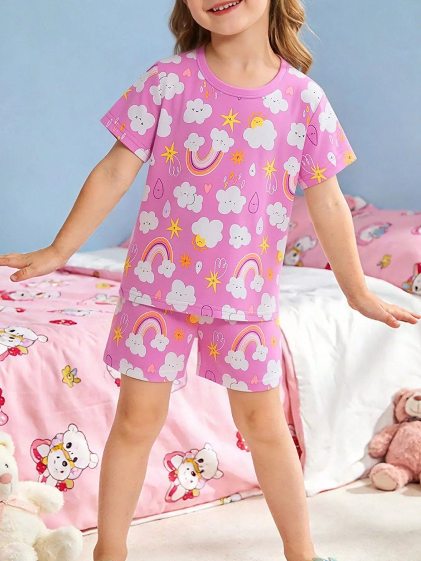 Kids' Rainbow Cloud Print Tee and Shorts Set