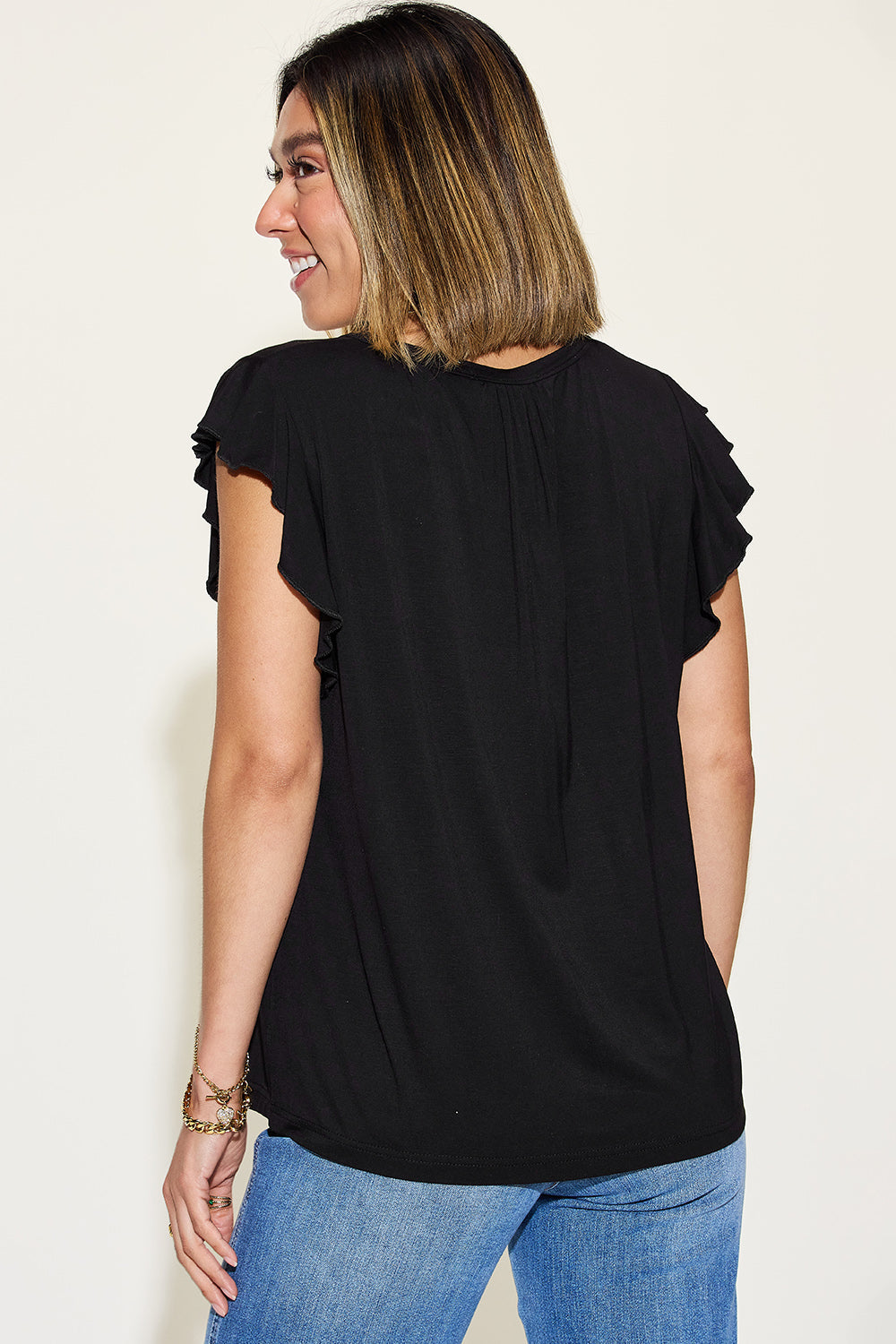 Basic Bae Bamboo Notch-Neck Ruffle Sleeve Top