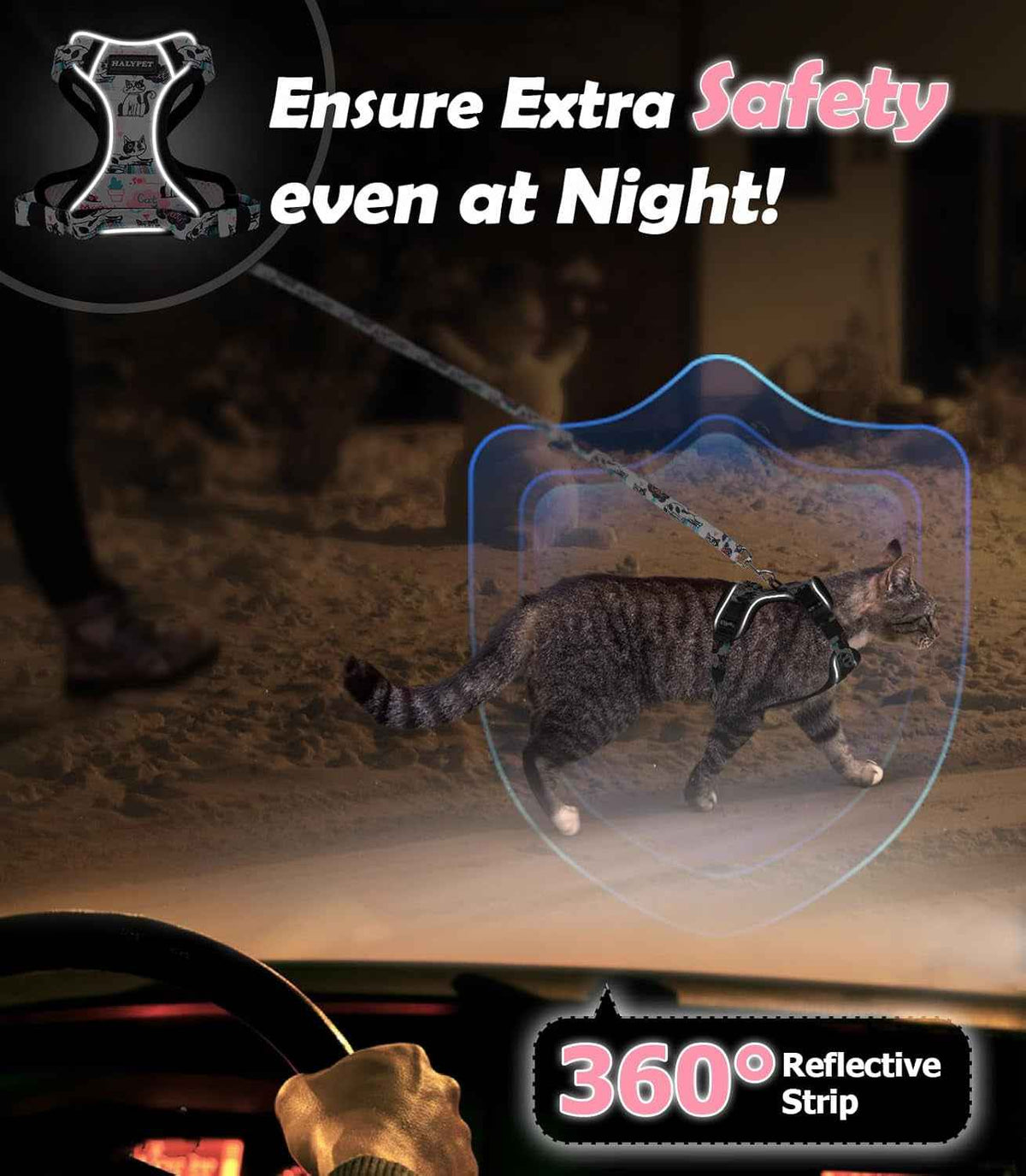 A reflective cat harness shown on a cat walking at night, with a driver's hand on a steering wheel and promotional text reading 'Ensure Extra Safety even at Night!' and '360° Reflective Strip.'.