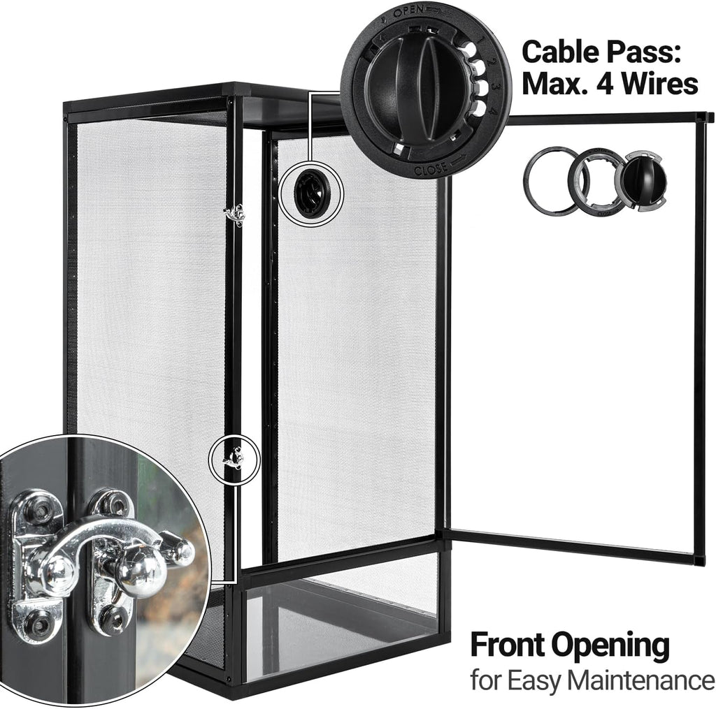 Screen terrarium with black frame and cable pass feature, showing front opening for easy maintenance.