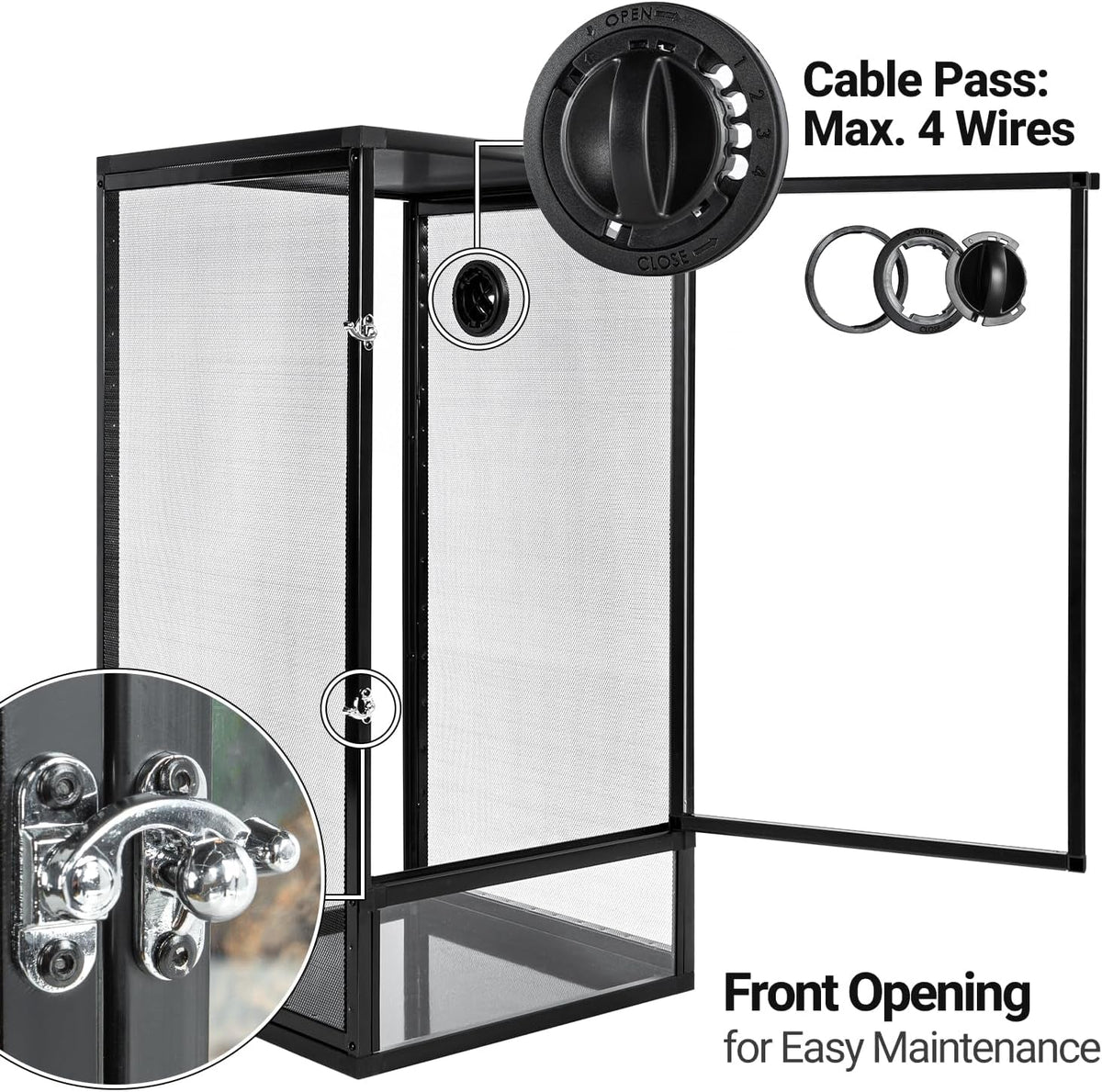Screen terrarium with black frame and cable pass feature, showing front opening for easy maintenance.