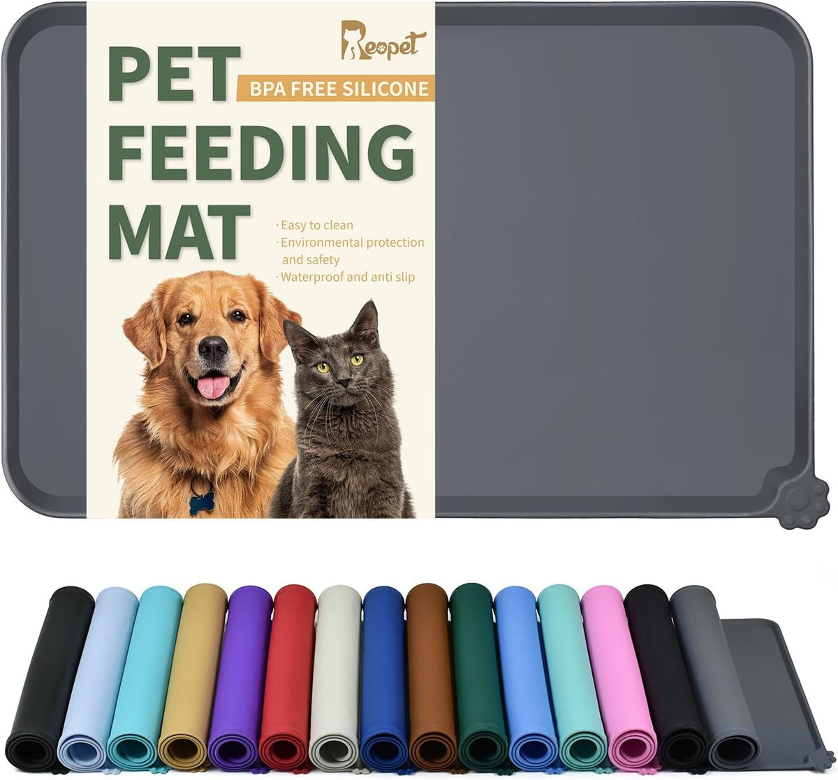 A pet feeding mat set shown on a white background, including a large gray mat, a printed product card with a dog and cat photo, and multiple rolled mats in assorted colors arranged below.