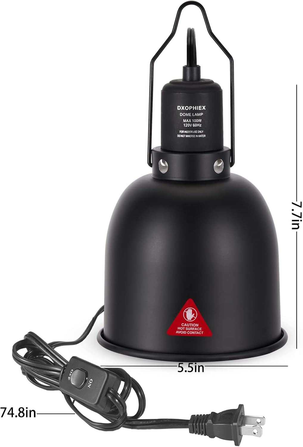 DXOPHIEX deep dome dimensions showing 5.5-inch width, 7.7-inch height and switched cord
