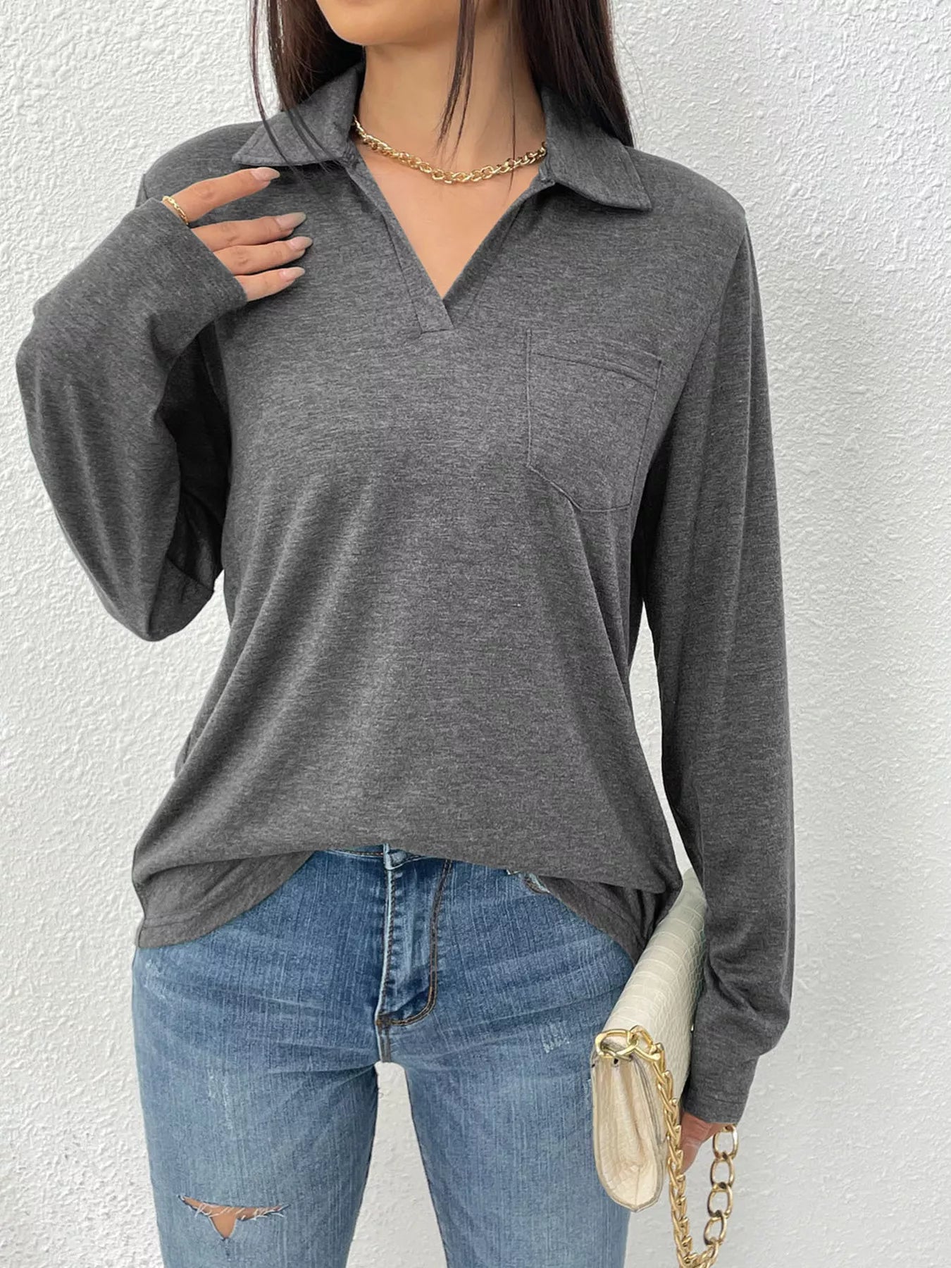 Women's Long Sleeve Polo Shirt | Casual V-Neck Pullover Top