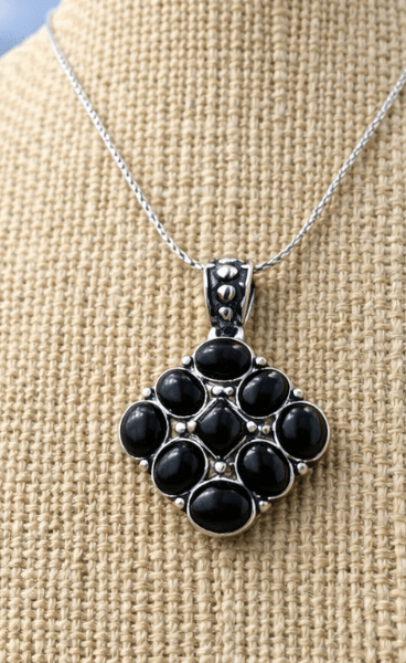 Black Onyx Cluster Pendant – Multi-Stone Geometric Design | Silver-Tone | Statement Jewelry