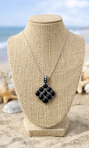 Black Onyx Cluster Pendant – Multi-Stone Geometric Design | Silver-Tone | Statement Jewelry
