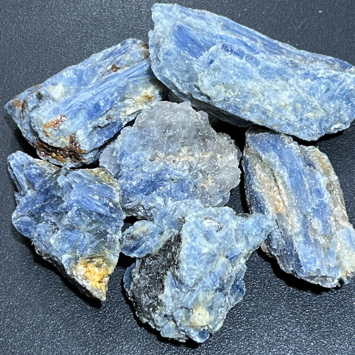 Six rough blue kyanite crystal pieces with layered blade-like formations and pale gray and cream areas on a dark surface