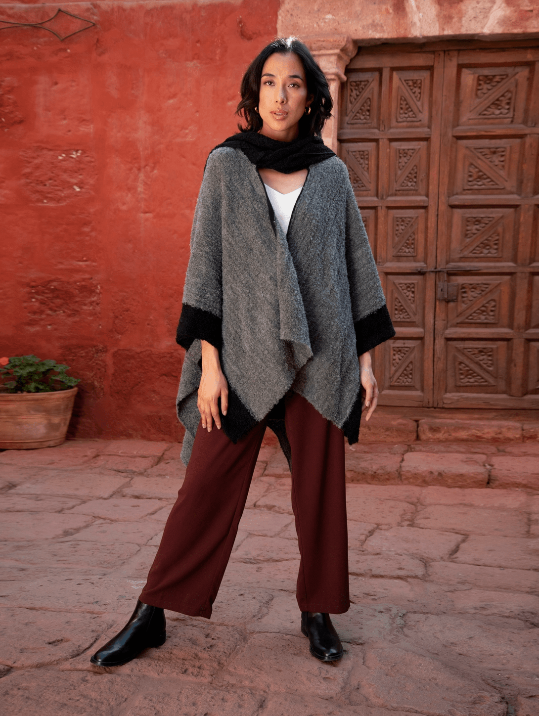 Boucle Alpaca Cape with Attached Double Scarf