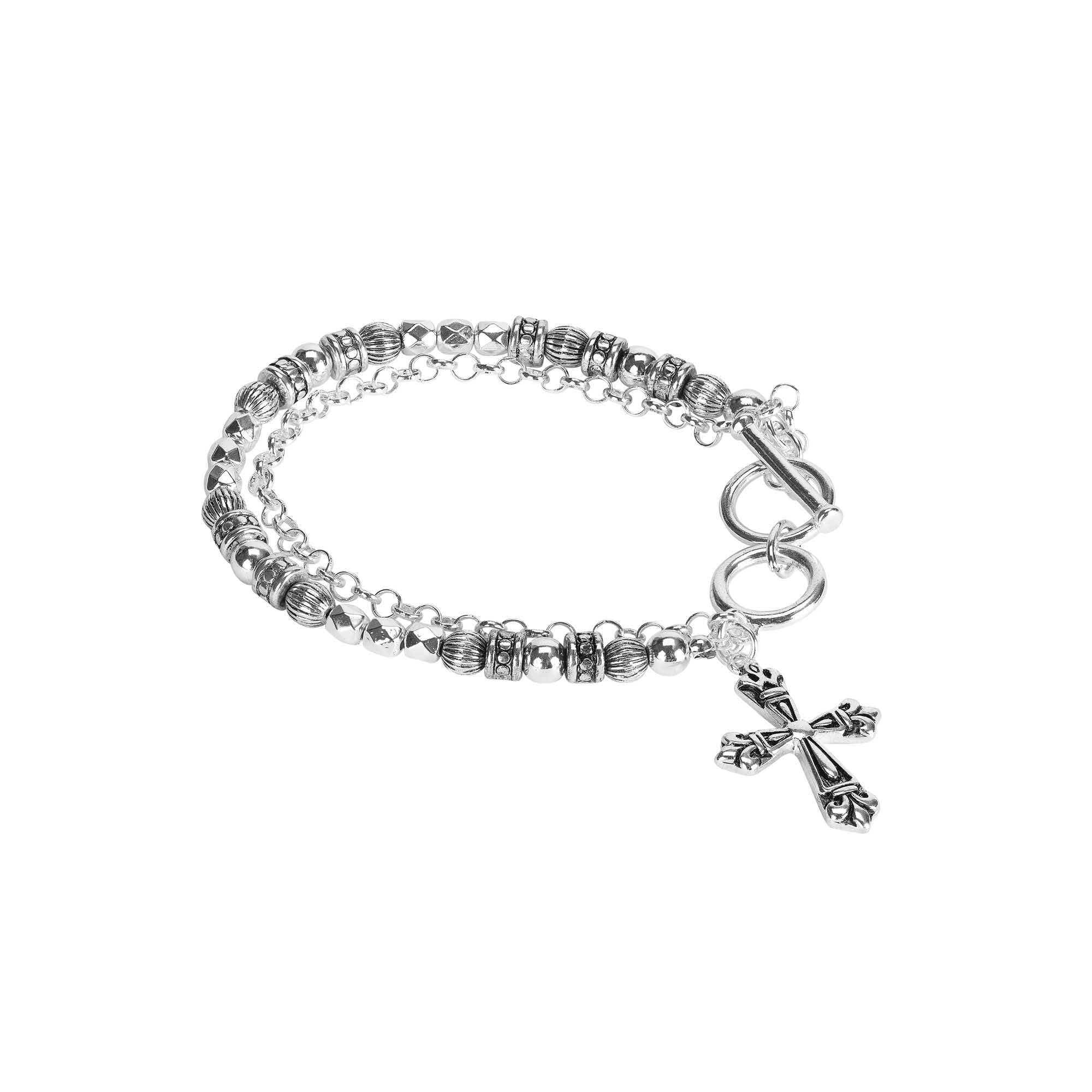 Silver Cross Beaded Double-Chain Toggle Bracelet – Faith-Inspired Coastal Jewelry