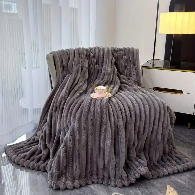 Ultra-Soft Double-Sided Fleece Blanket – Gray Striped | All-Season Comfort