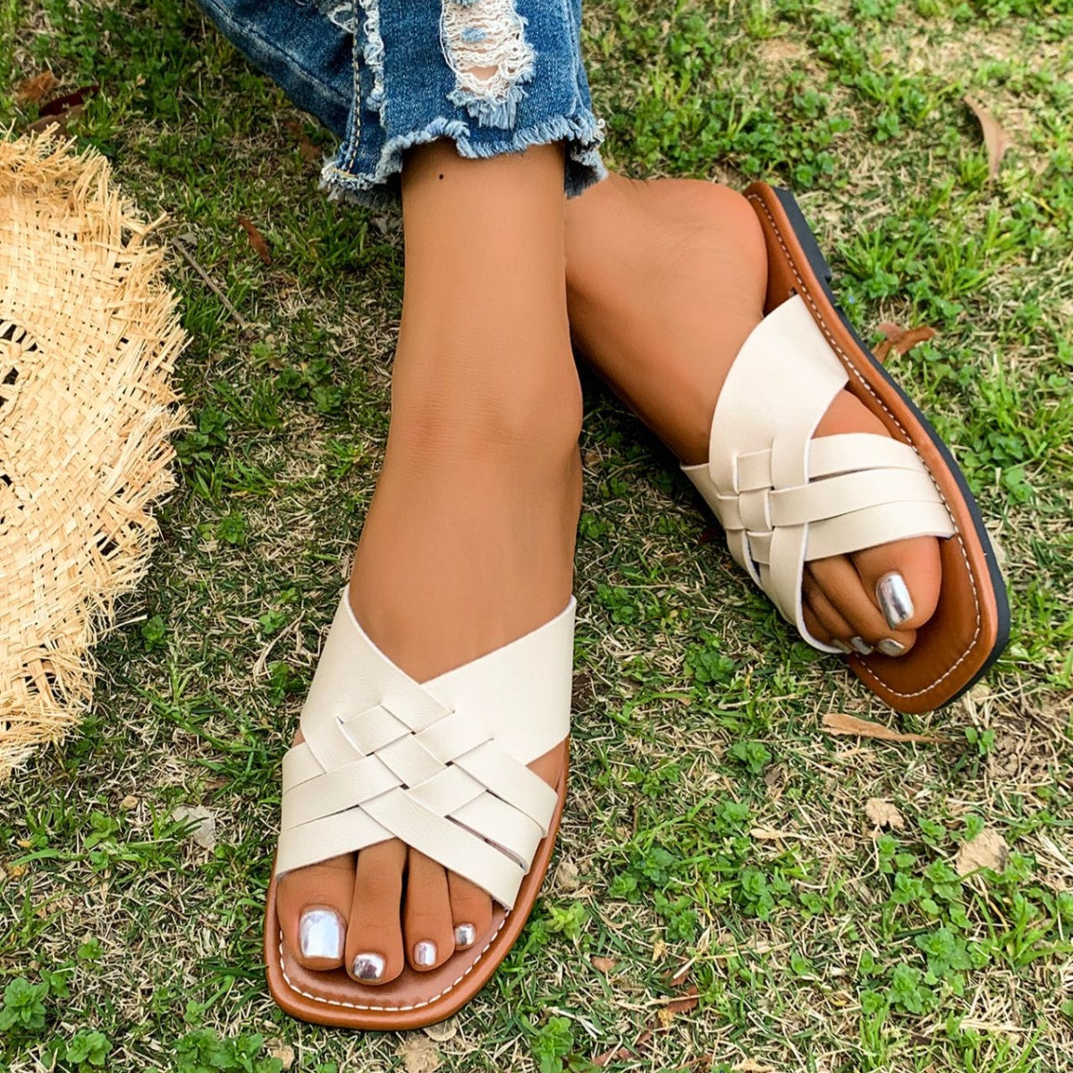 Women's Woven Open Toe Sandals | Bohemian Leather Flats