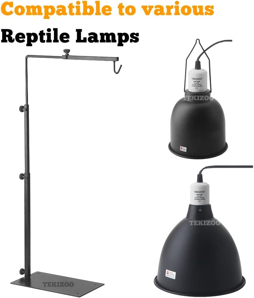 Black adjustable reptile lamp stand with two black lamps on a white background, featuring the brand 'TEKIZOO'.