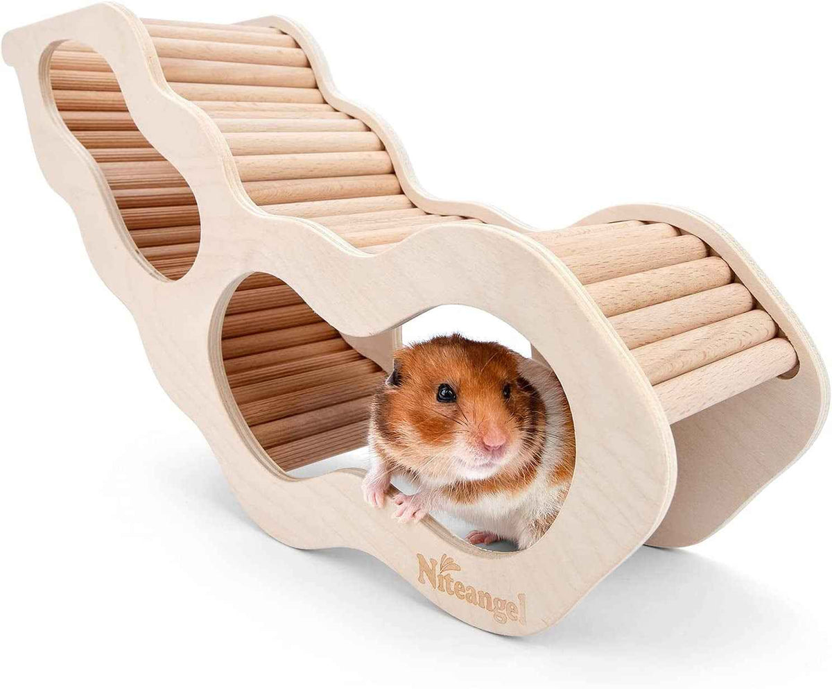 Hamster peeking through a side opening in a wave-shaped wooden hideout tunnel
