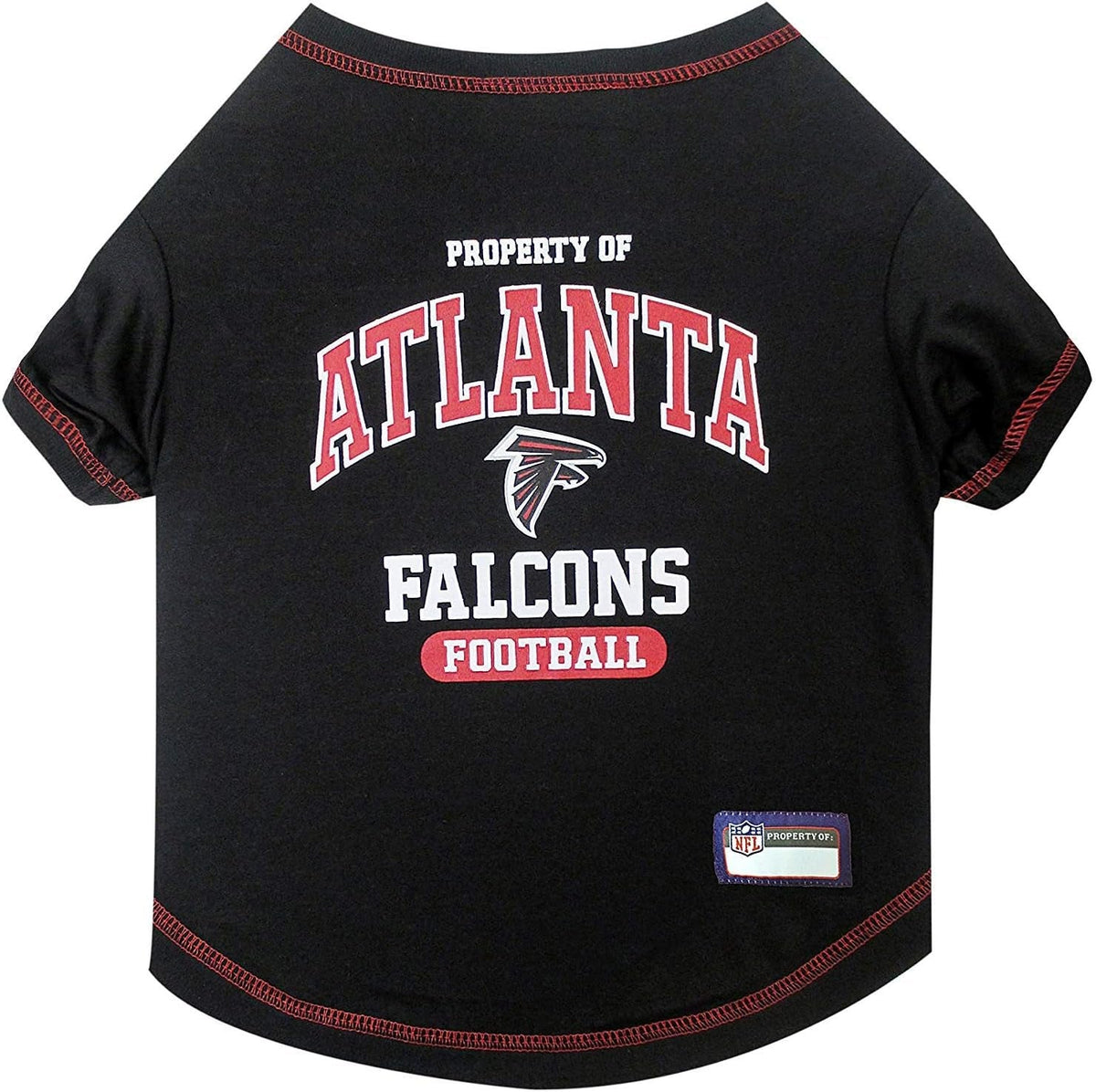 A black pet t-shirt featuring Atlanta Falcons Football graphics, including the team logo and text, with red and white accents and red stitching.