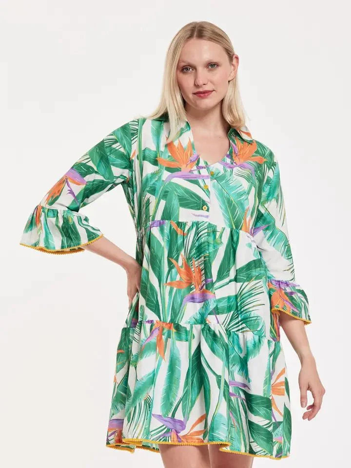 Cadenza Tropical Leaf Print Dress