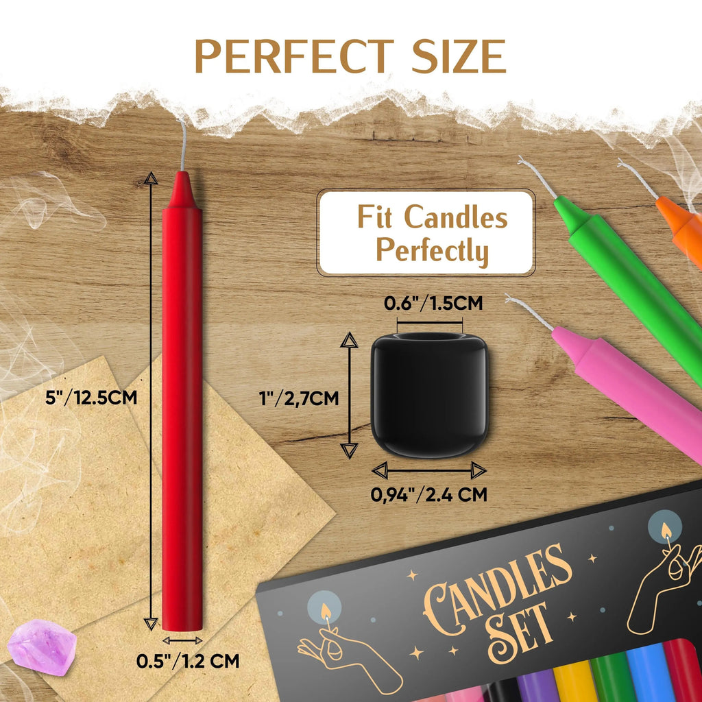 Size chart showing a 5-inch-tall, half-inch-wide candle and dimensions of the black mini candle holder.
