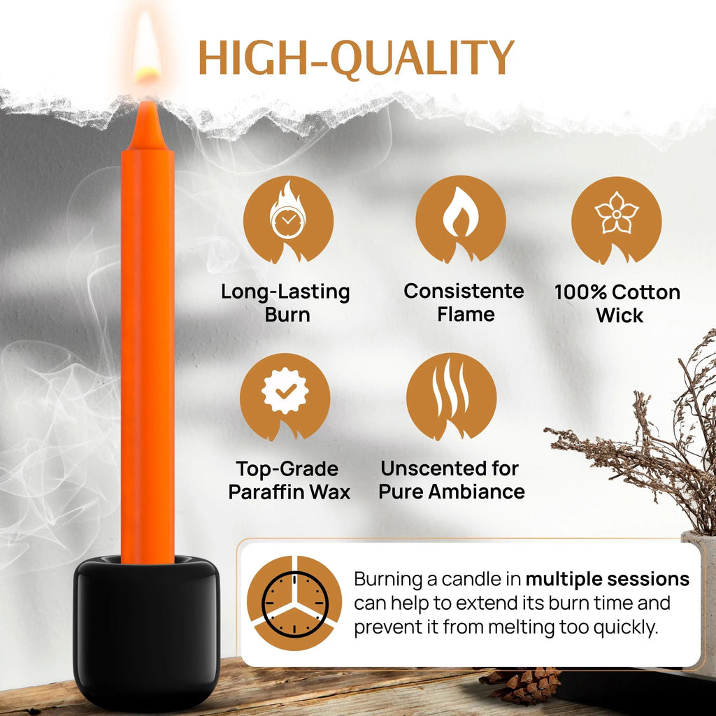 Orange candle in a black holder beside information about unscented paraffin wax and cotton wicks.
