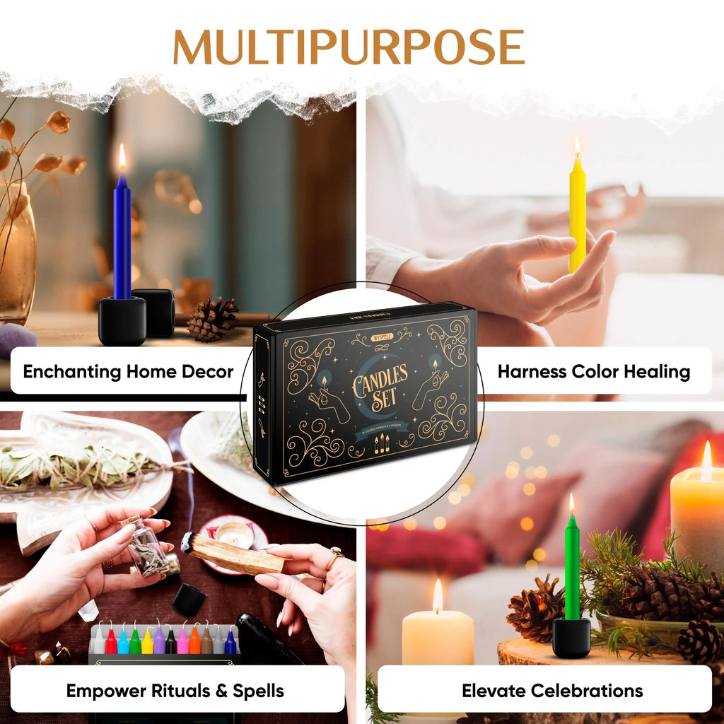 Collage of candles and candle-related activities with text highlighting their uses.