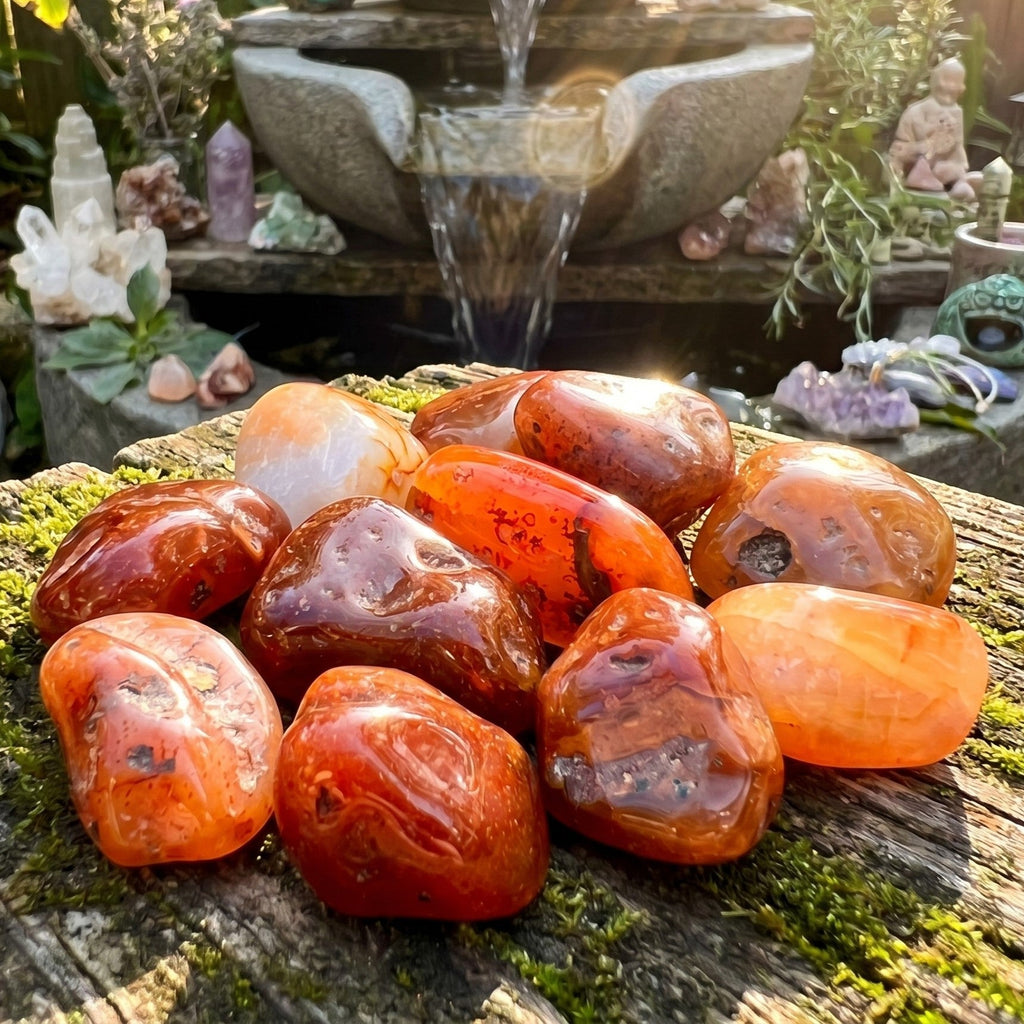 Orange and red polished carnelian agate stones on moss-covered wood in front of a garden fountain