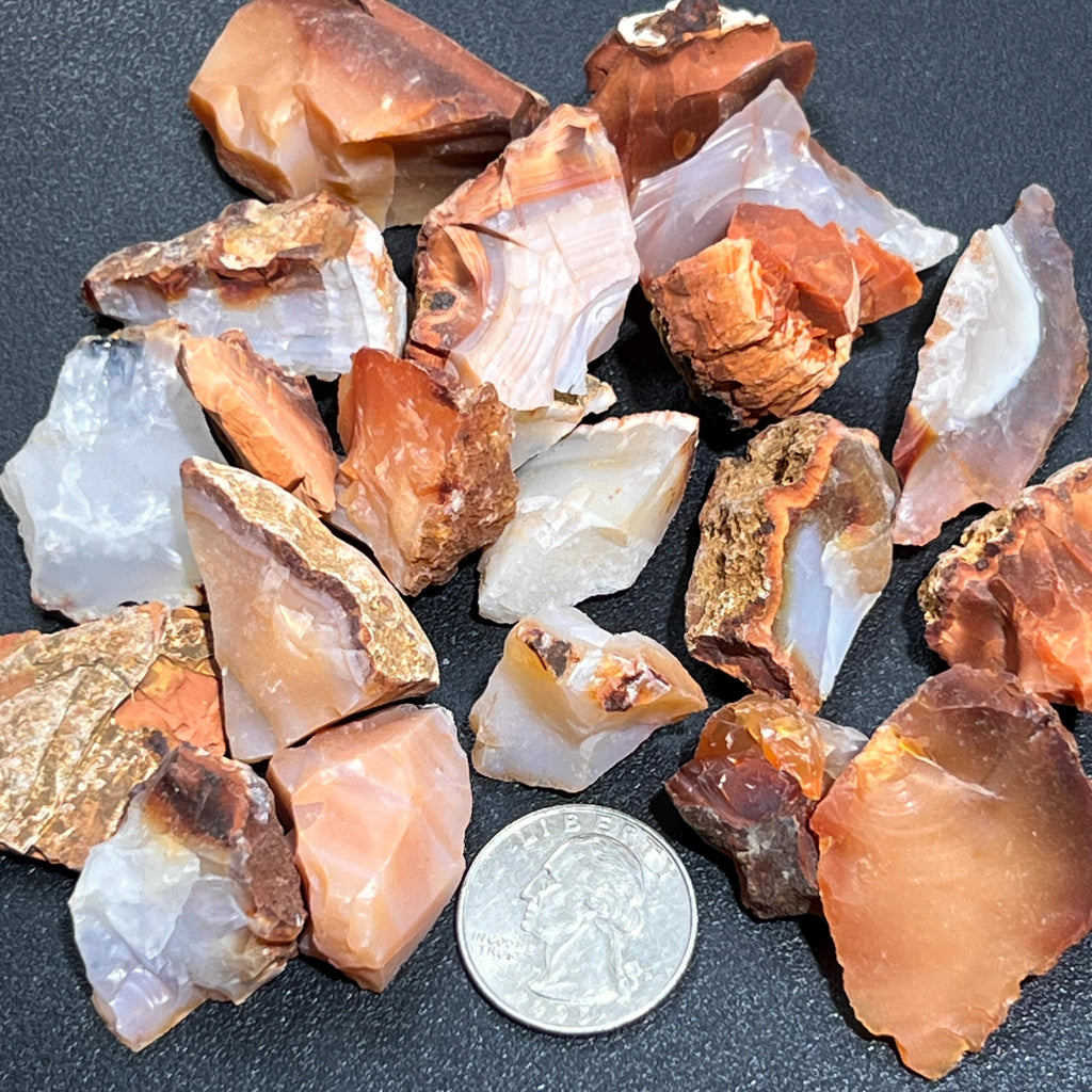 Raw red-and-white carnelian agate stones beside a quarter for size comparison.
