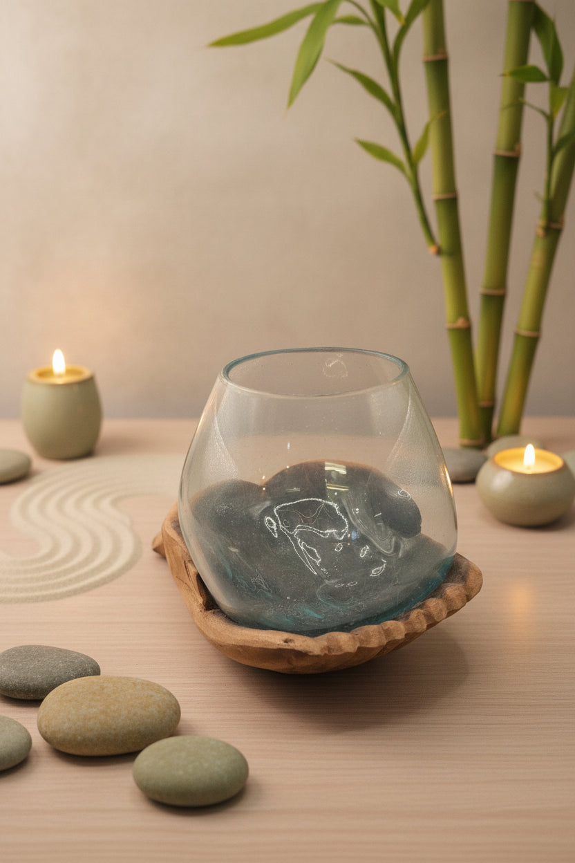 Carved Wooden Hand & Molten Glass Terrarium