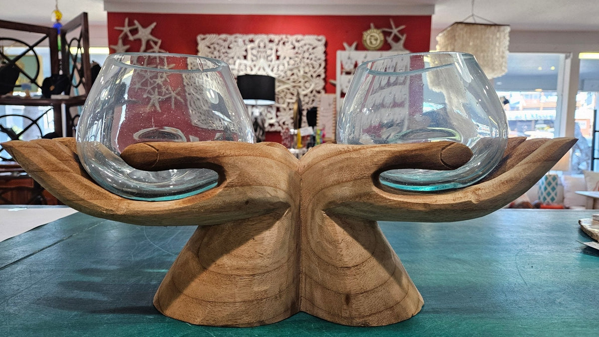 Carved Wooden Hand & Molten Glass Terrarium