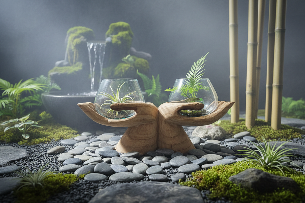 Carved Wooden Hand & Molten Glass Terrarium
