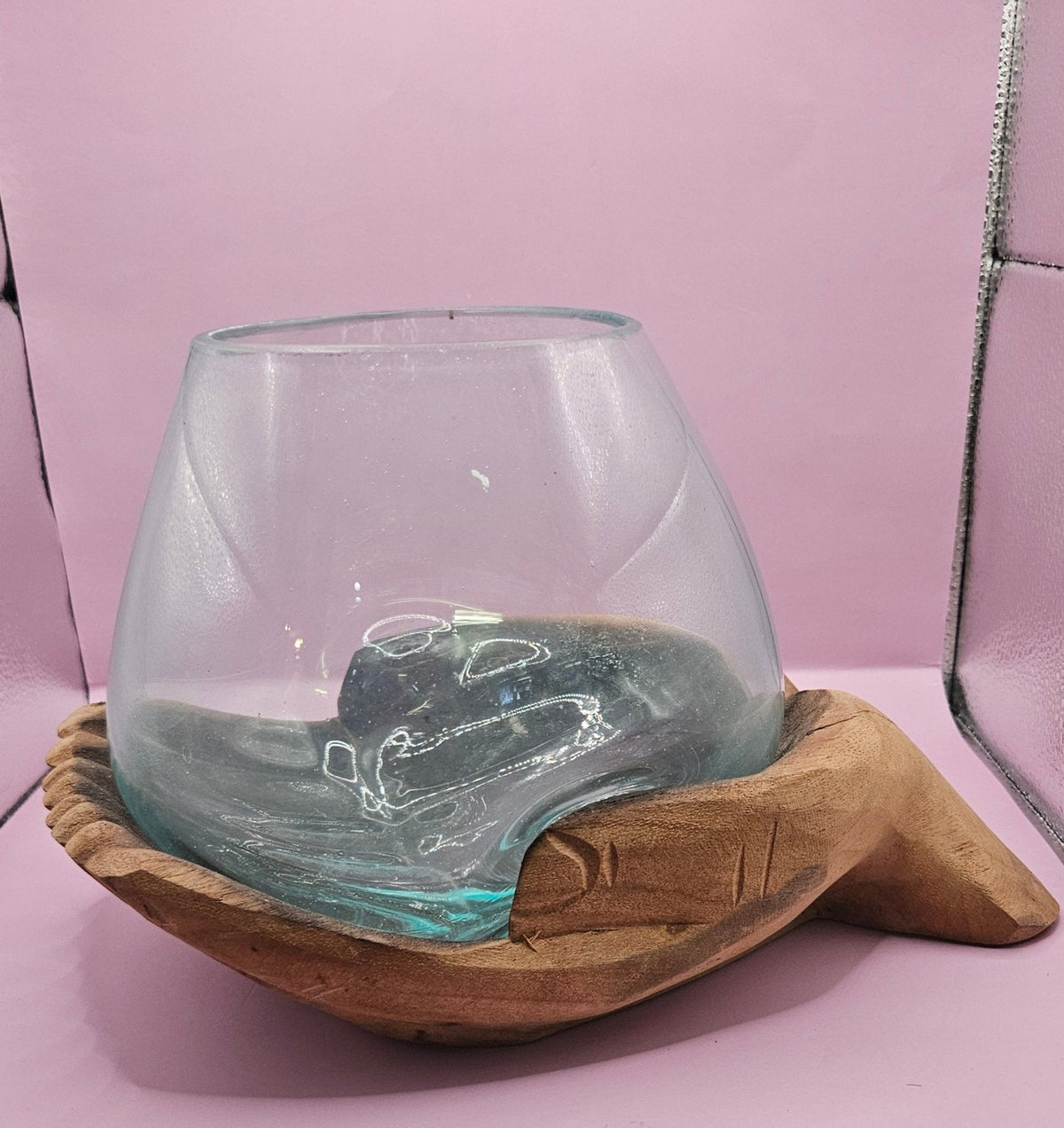 Carved Wooden Hand & Molten Glass Terrarium