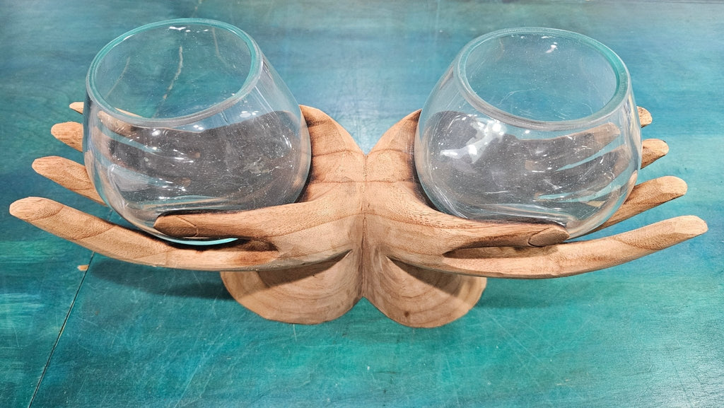 Carved Wooden Hand & Molten Glass Terrarium