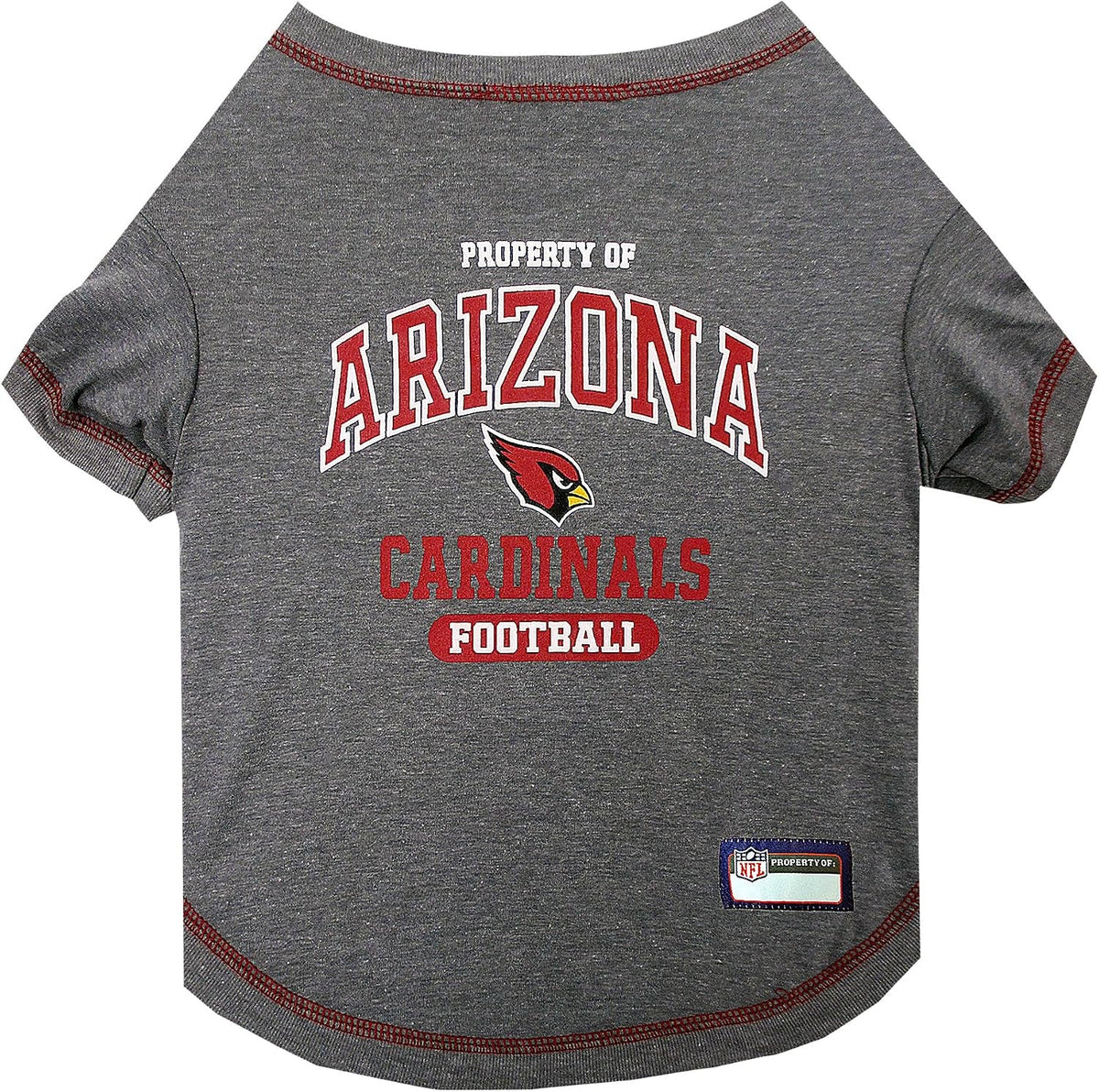 A heather gray dog t-shirt featuring 'Property of Arizona Cardinals Football' printed on the back in red and white, with the Arizona Cardinals logo in the center.