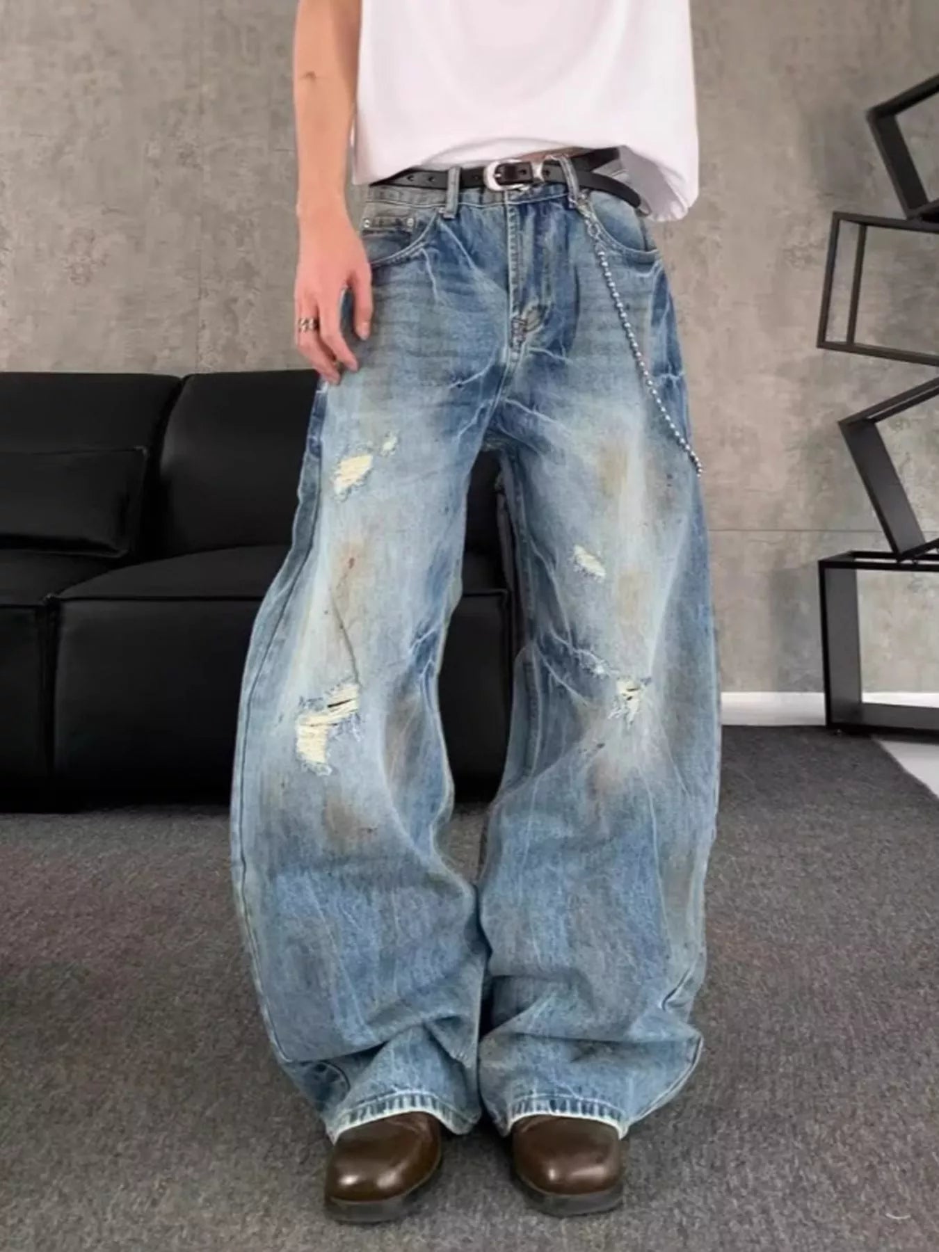 Men's Distressed Wide Leg Jeans