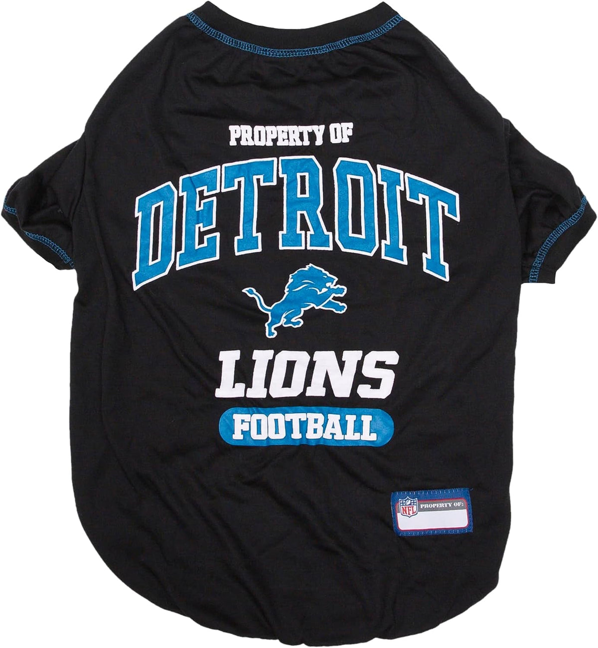 Black pet t-shirt with 'Property of Detroit Lions Football' text and logo on a white background