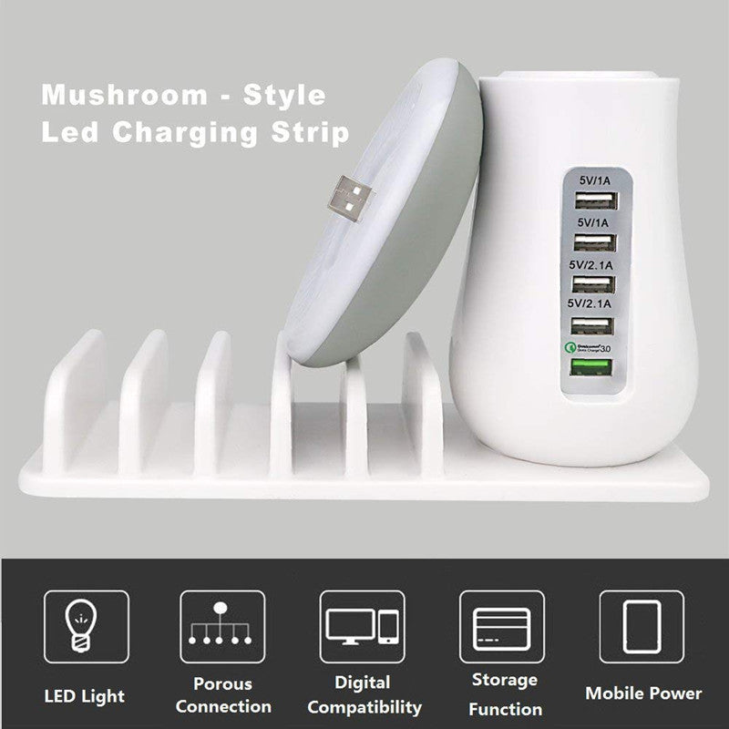 Mushroom LED Night Lamp + 5-Port USB Charging Station with Device Stand