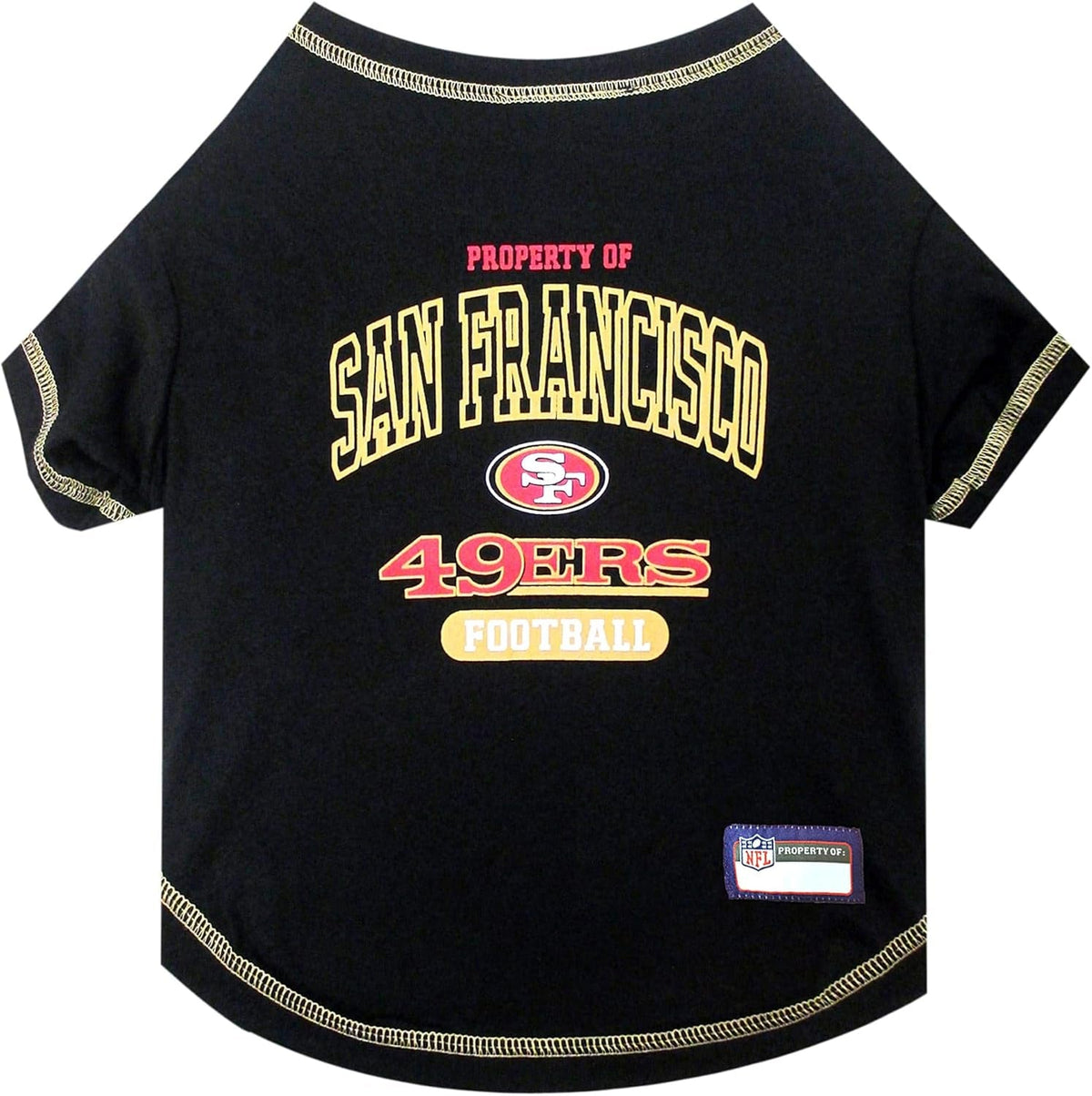 A black dog t-shirt featuring the San Francisco 49ers logo and text, with decorative gold and red details and gold trim along the neckline and sleeve cuffs.