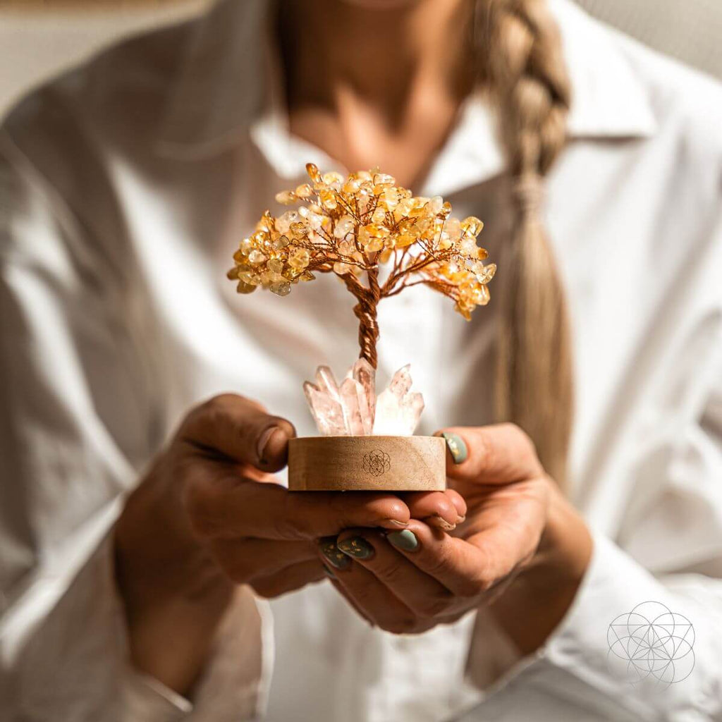 Person holding a citrine crystal tree lamp with a copper trunk, clear quartz points, and round wooden base.
