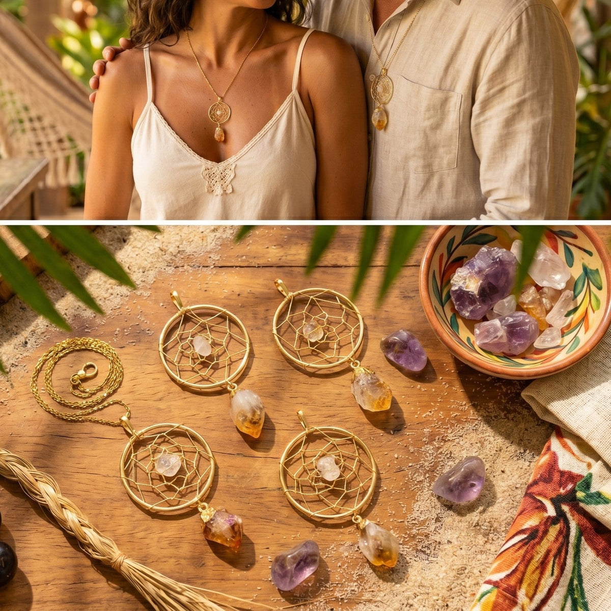 Collage of two models wearing citrine dreamcatcher pendants and four pendants styled with crystals on wood.
