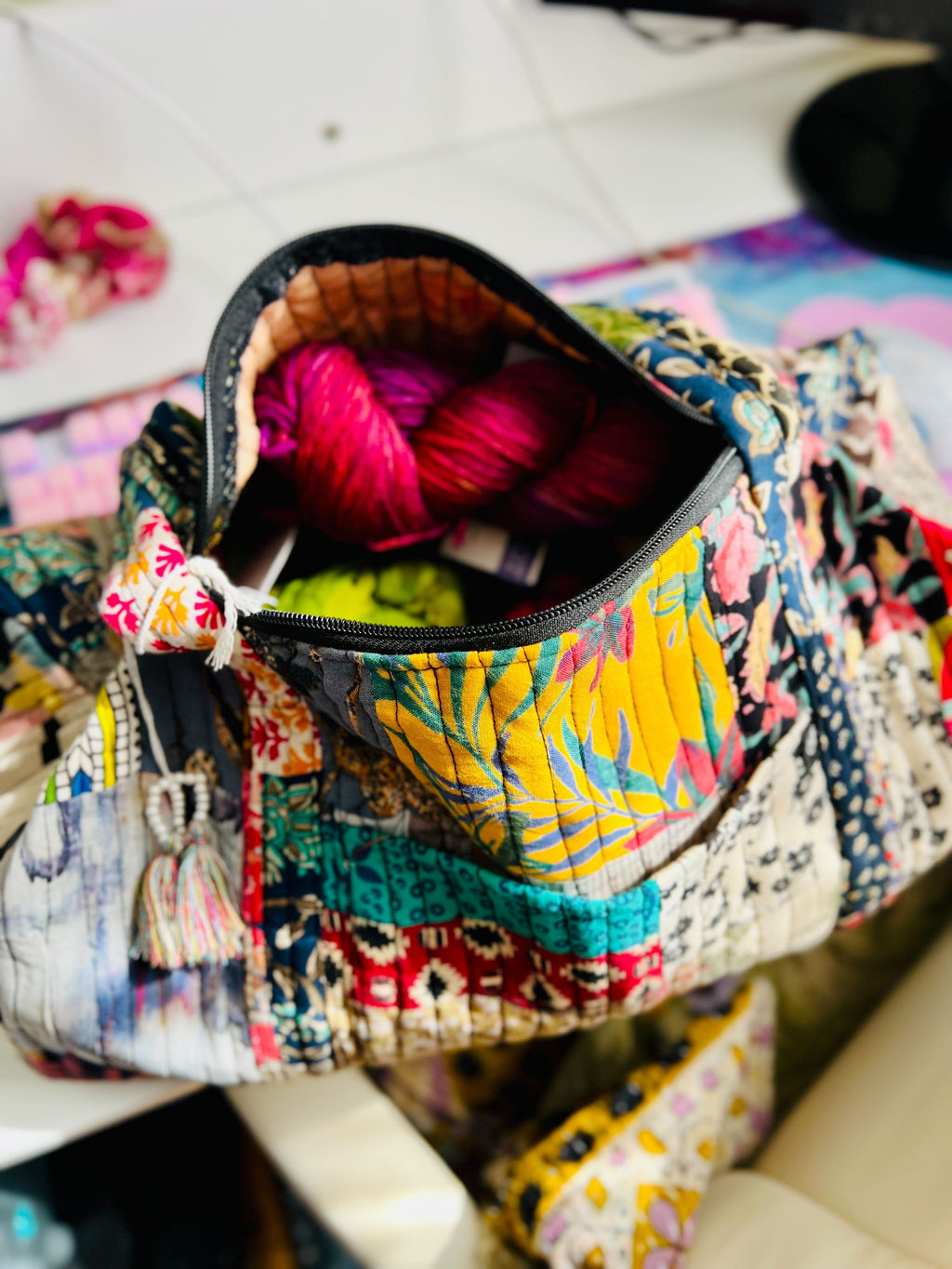 Patchwork Quilted Duffle Bag – Recycled Fabric, Handmade in India